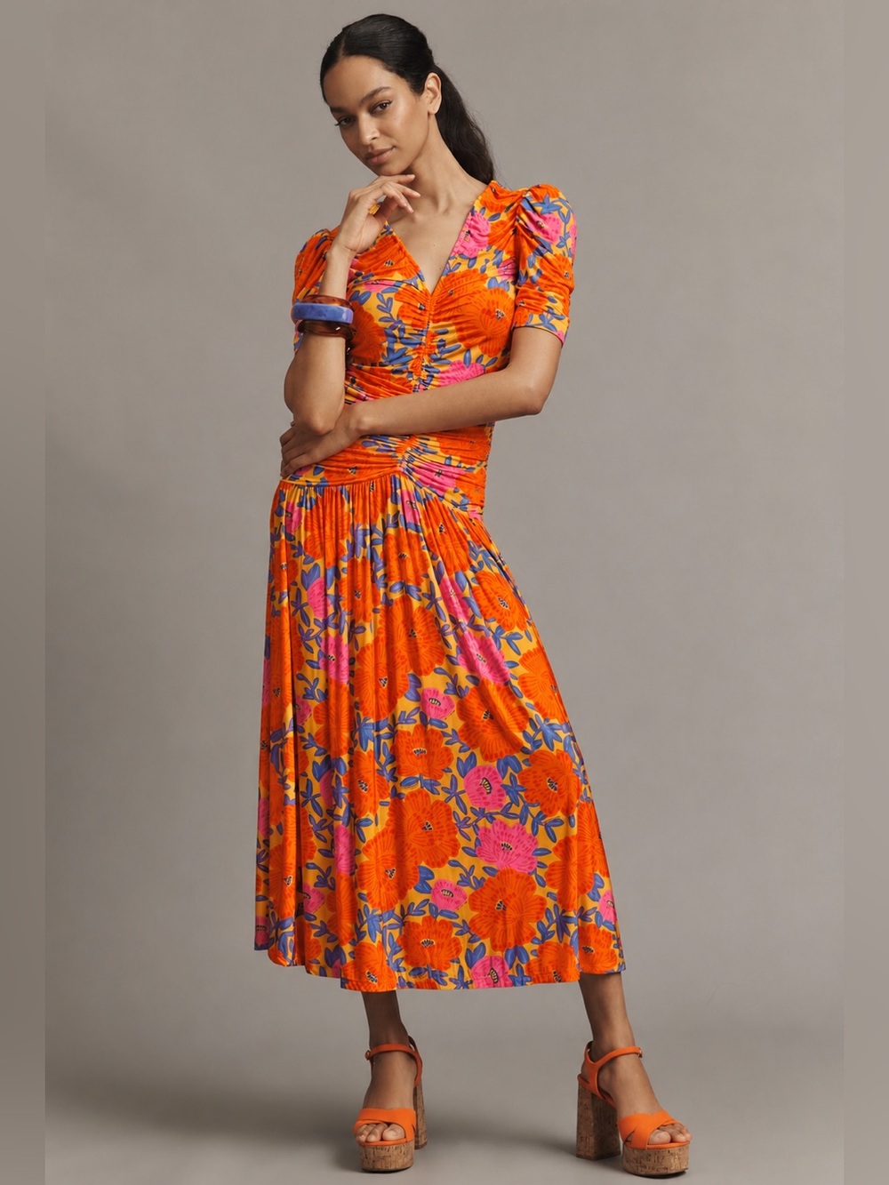 FARM Rio X Anthropologie short sleeve v neck ruched midi dress